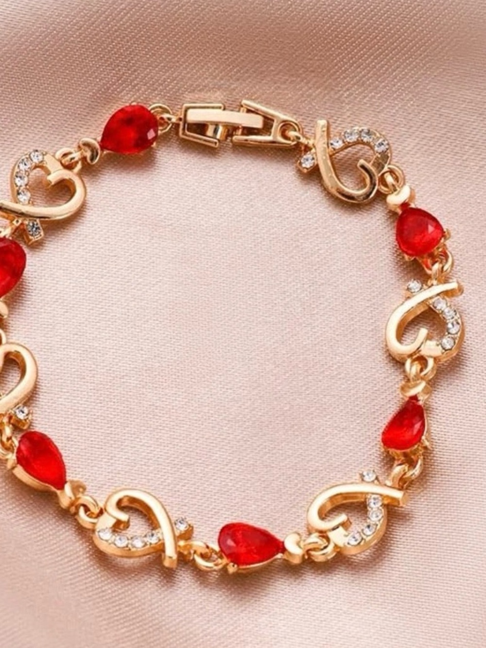 14K Yellow Gold Plated Lab Created light Red Ruby Women's Beauty Bracelet 7"